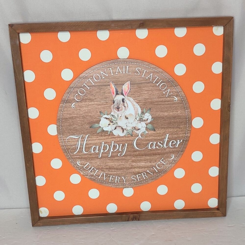 Cottontail Bunny Happy Easter Orange White‎ Polka Dots Large Wooden Wall Decor